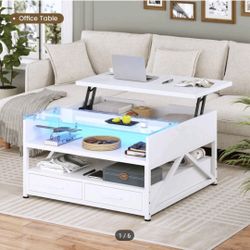 Modern white coffee table with tempered glass top and built-in LED lights.