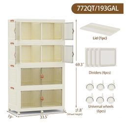 4 Tier Foldable Storage Cabinet Organizer with Doors Plastic Stackable Cabinet