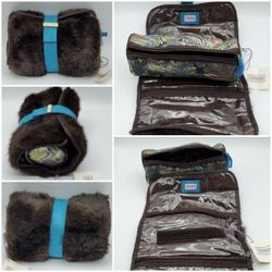 NEW Stephanie Johnson Suede Brown Faux Fur Jewelry Cosmetic Travel Bag 