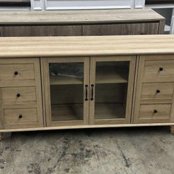 Farmhouse TV Stand with Yellow LED Light for Console Table Storage Cabinet 58'