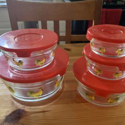 Beautiful  Set  Of Containers Red Lid Roosters  all around
