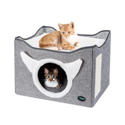 Ownpets Comfortable Cat House For Indoor Cat, Cat Bed With Cat Scratching Board And Reversible Cushion, Easy To Fold And Store, Grey
