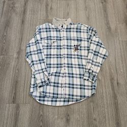 Vintage Disney Mickey Mouse Football Plaid Button Up Shirt Mens Size Medium 