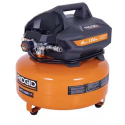 RIDGID 6 Gal. 150 PSI Portable Electric Oil-Free Jobsite Pancake Air Compressor with Dual Pressure Gauges and 2-Quick Couplers