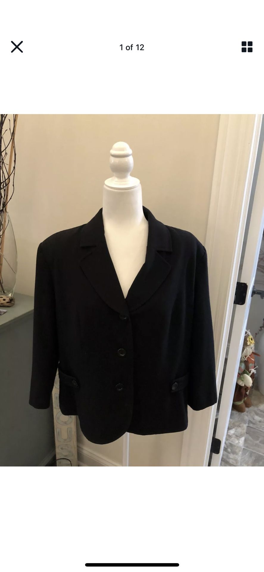 Investments Women Black Short Cropped Jacket Blazer 3/4 Sleeve Size L