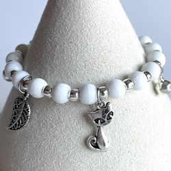 White bell Bracelet silver flower fish cat leaf charm ceramic beaded adjustable