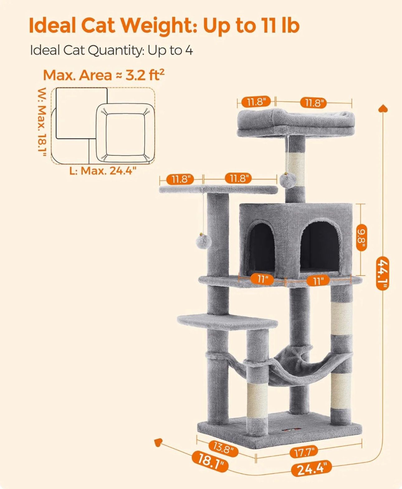 Feandrea Cat Tree 44.1-Inch Cat Tower for Indoor Cats Multi-Level Cat Condo - Light Gray