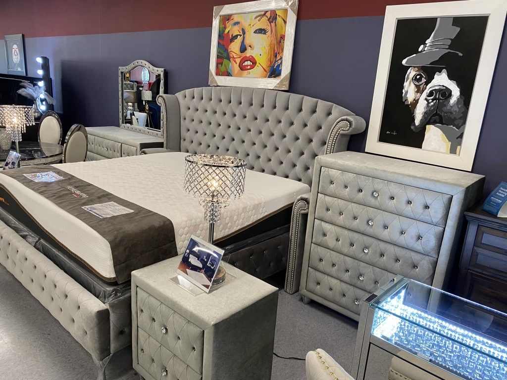 Gray, Black Color Velvet Upholstered Bedroom Furniture Set 🌟 Queen Size Bed, King Size Bed, Chest, Mirror, Nightstand, Mattress Fast Delivery 