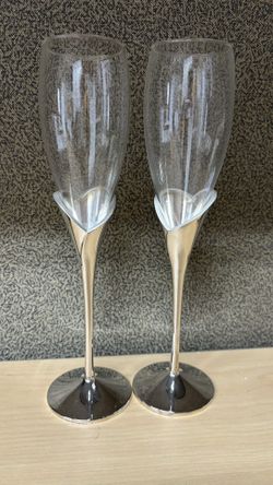 Vintage Lenox Wedding Promises Heart Flute Pair, Glass And Silver Plated