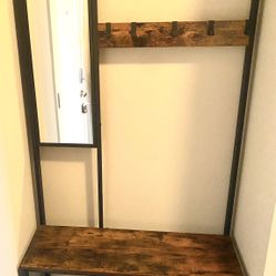 Hall Tree With Mirror, Hooks, Bench, And Storage