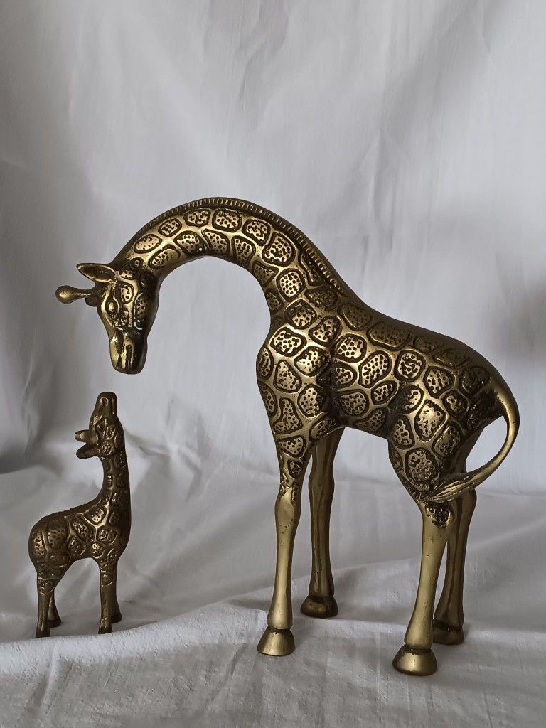 Mid Century Brass Mama And Baby Giraffe Statues