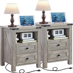 New in box Nightstands Set of 2 with Charging Station, Farmhouse Night Stand with 2 Drawers and Shelf Storage, Wooden Side End Table, Bedside Cabinet 