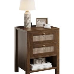 New box Rattan Night Stand with Drawers - Boho Nightstand with Charging Station, Bedside Table with Storage Shelf, Accent Side Table End Tables Living