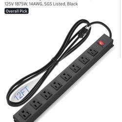 12ft Metal Power Strip Surge Protector, New