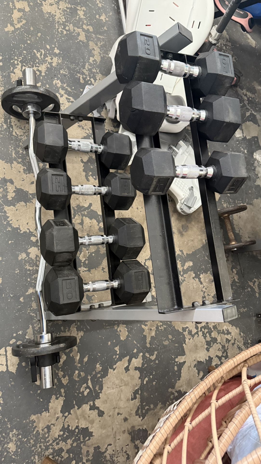 Workout equipment dumbells bar curl bar bench