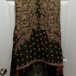 Pakistani 2 Piece Sleeveless dark Green Party Dress