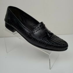 San Remo Mens 10M Black Leather Made in Italy Tassel Weaved Slip On Penny Loafers