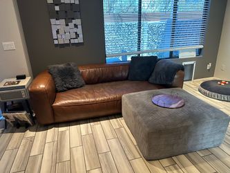 Modern Leather Sofa + Oversized Corduroy Ottoman BUNDLE – Free Decor!