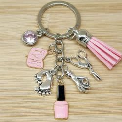 Brand New Nail Artist Technician Keychain Pink Tassel