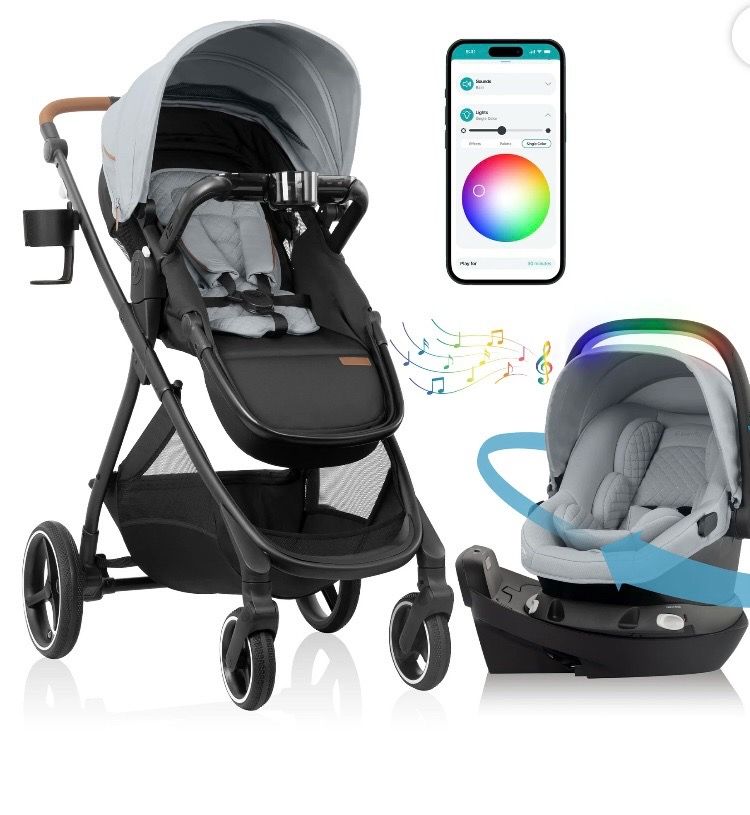 Evenflo Shyft Intuiti+ Travel System Featuring Revolve180 LiteMax NXT Preemie and Infant Car Seat with SensorySoothe and Green & Gentle (Champagne)