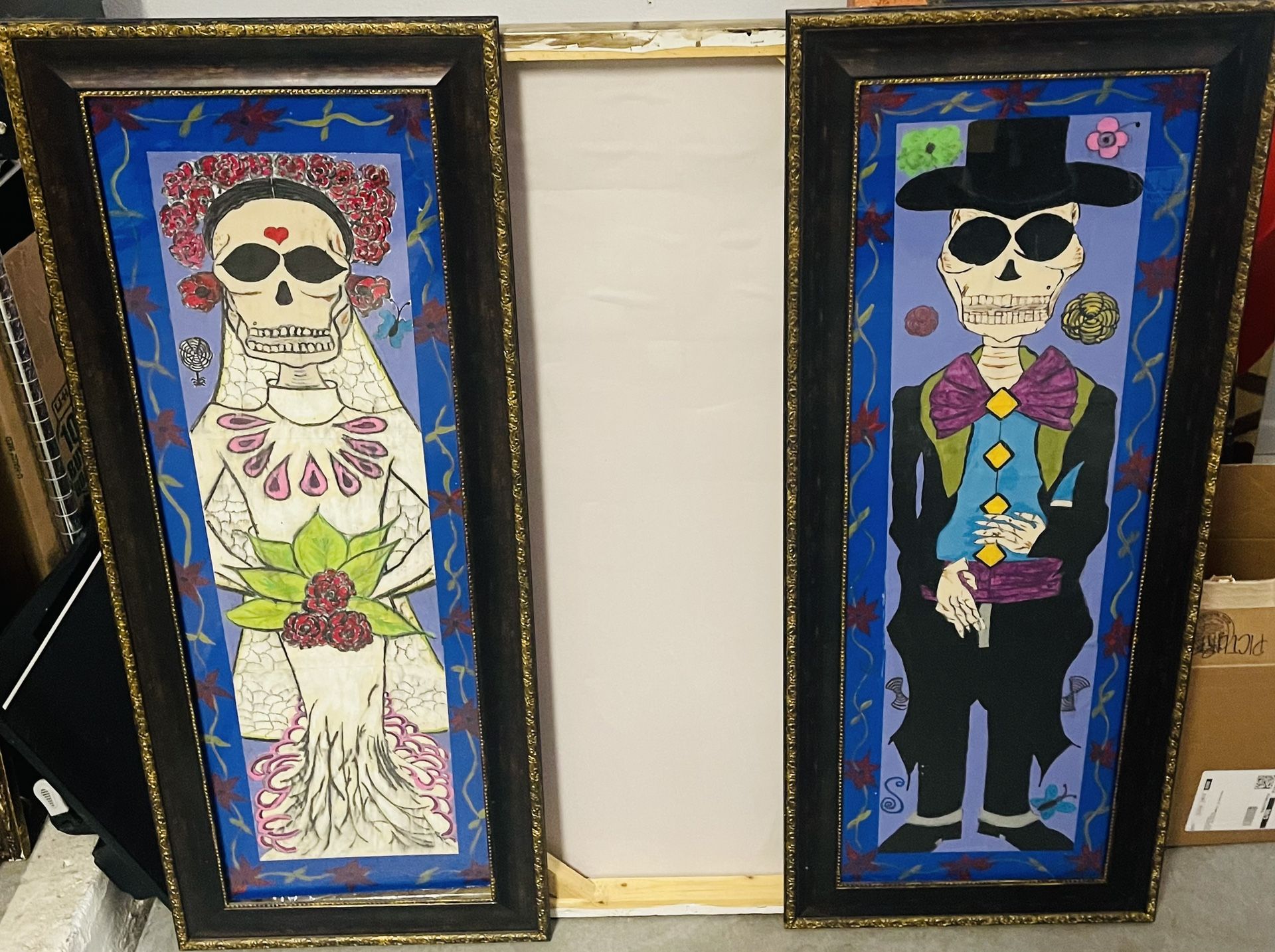 Two Large La Catrina Day Of The Dead Paintings. 40x16