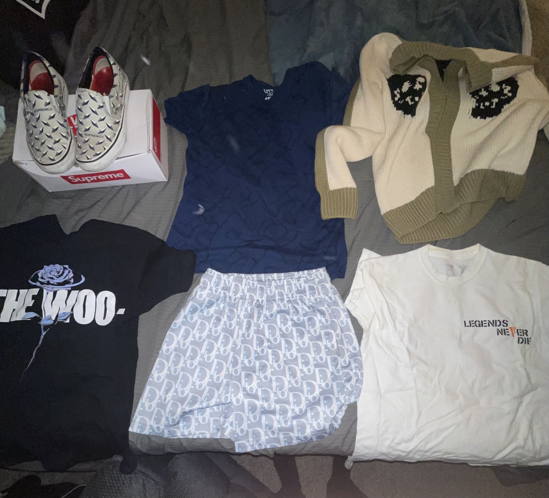 100% AUTHENTIC:2X VLONE SHIRTS USED. Bravest studio Shorts USED. KAWS Tee USED. PLEASURES Cardigan BRAND NEW. Supreme Vans USED