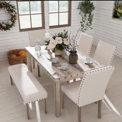 6-Pieces Rustic Rectangular Wood Tone Top Dining Table with Chair and Bench Set for Farmhouse Kitchen 6-Seats