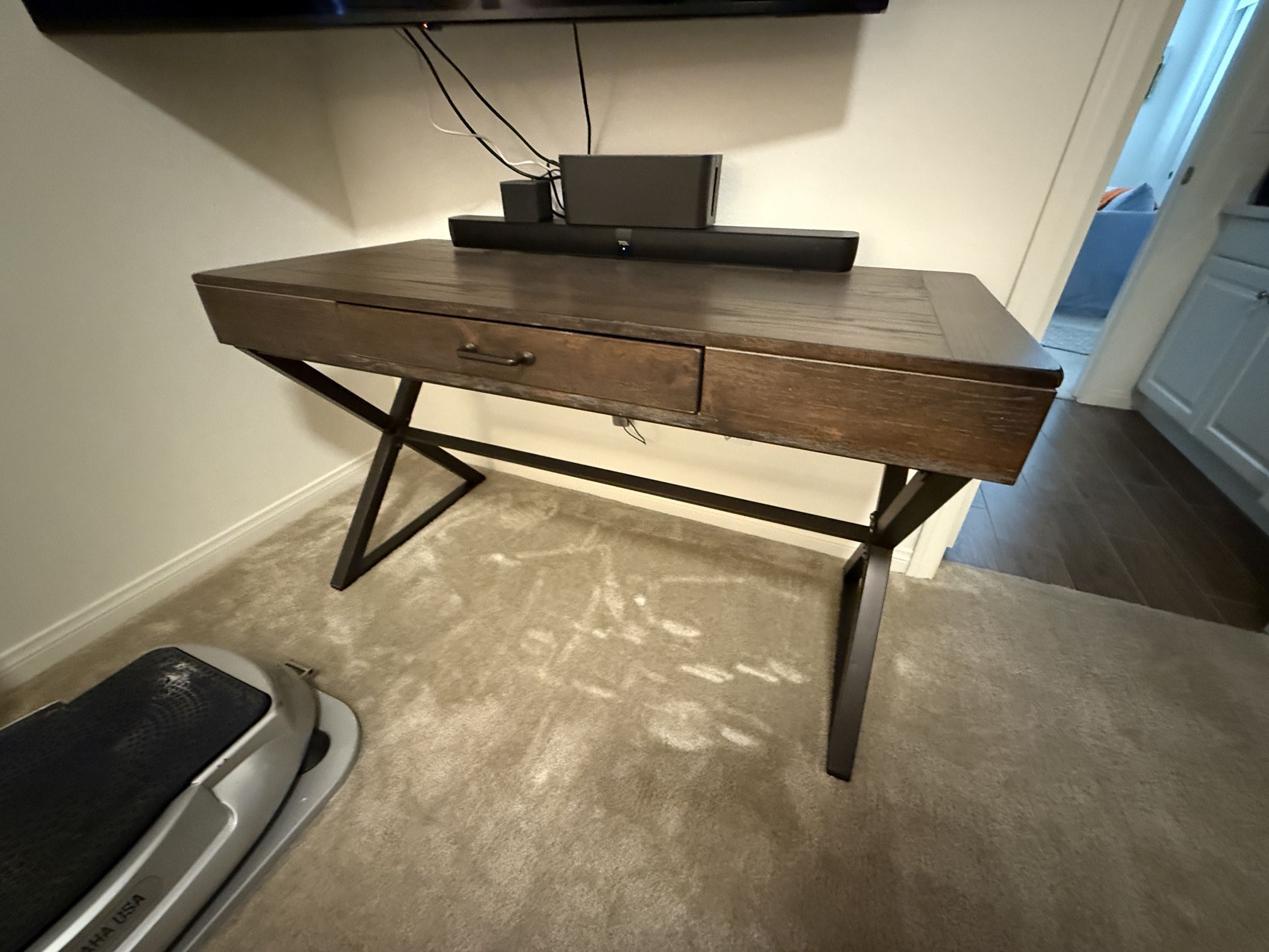 Beautiful Dark Wood Office Desk With Metal Legs And Drawer Writers Desk
