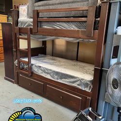 Triple Brown Bunk Bed With Mattress Included Litera