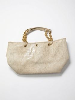Nila Anthony Cream Faux Crocodile Tote Gold Chain Pink Interior Large Bag