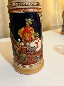 Vintage German Beer Stein w/ Pewter Lid – Tavern Scene Relief Stein – Made in Germany