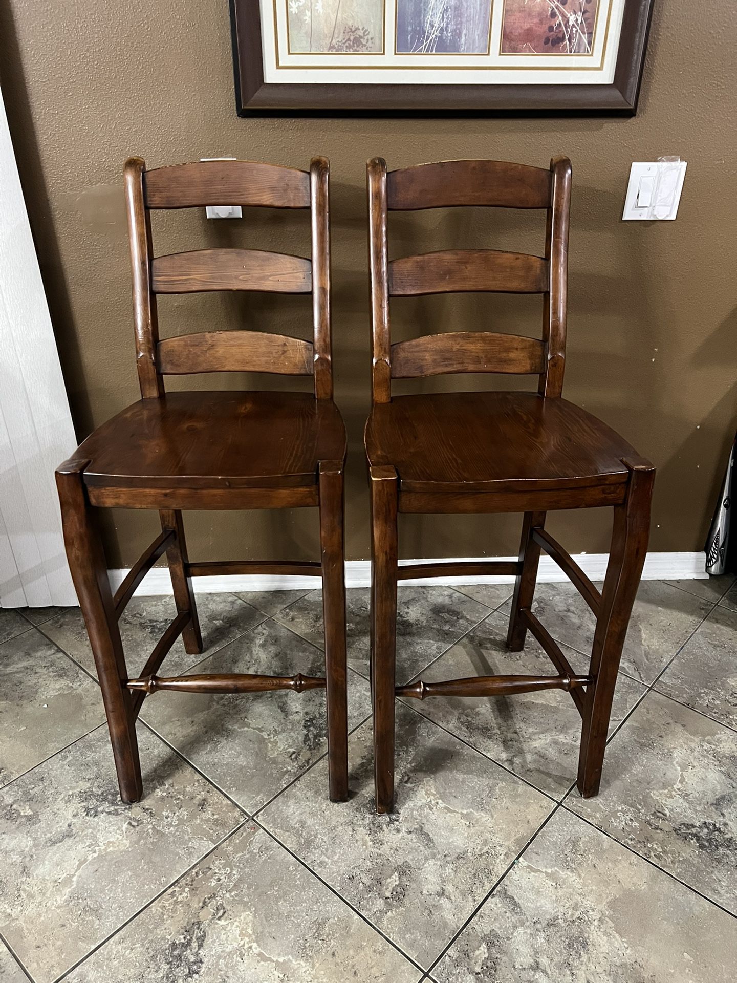 Pottery Barn Wynn Wooden Bar Stools Tall Chestnut Very Nice.  Originally based on the Windsor design, the ladder-back barstool has become an American 