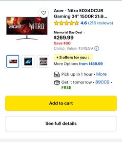 Acer ED342CK 34" Curved LCD Gaming Monitor 180Hz 3440x1440 21:9 1 ms