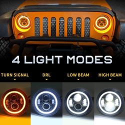 Pair 7" Inch Round Full LED Headlights Halo Angle Eyes For Jeep Wrangler JK LJ TJ CJ