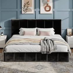 Queen Bed Frame, Dutch Velvet Upholstered Platform Bed, Vertical Channel Tufted 