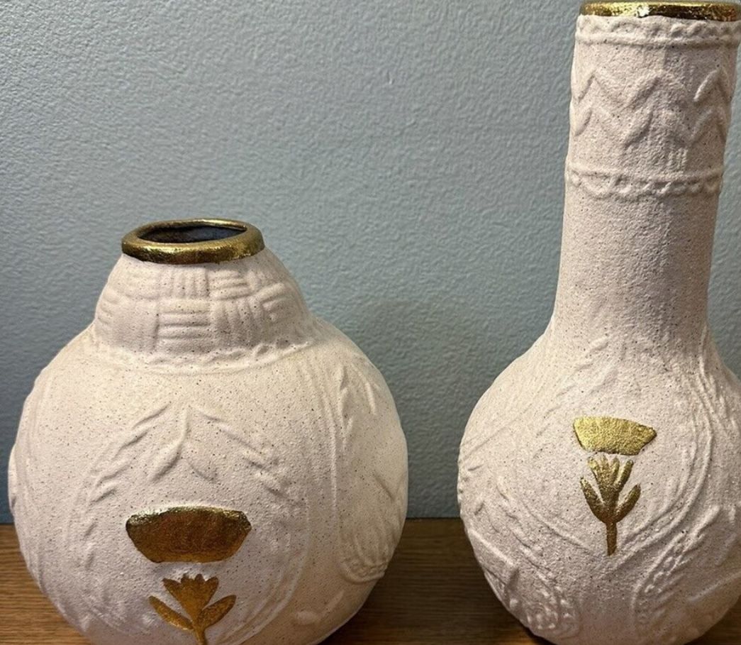 Opal House Stoneware Vases - Set Of 2 White Stoneware With Gold Trim EUC