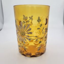 Single Victorian Amber Juice Glass Inverted Thumbprint Hand Painted Floral 4"