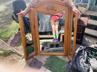 Antique Trifold Mirror Large 3 Mirrors Flower Details