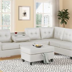 🚚Ask 👉Sectional, Sofa, Couch, Loveseat, Living Room Set, Ottoman 

✔️In Stock 👉Heights White Faux Leather Reversible Sectional with Storage Ottoman