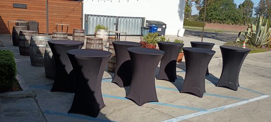 Mesas de cóctel 30" manteles spandex bancos negros solo RT
