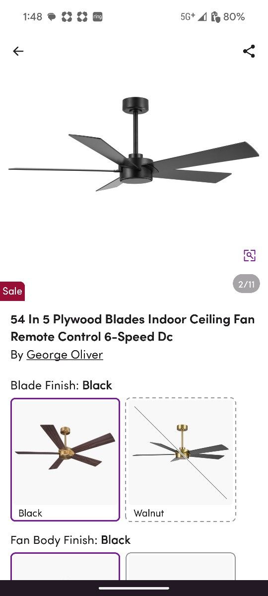 Brand New 54 Inch 5 Blade 6 speed Ceiling Fan Black On Black