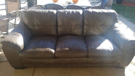 Dark brown leather sofa, loveseat and chair