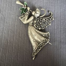 Vintage 1970's JJ Jonette Jewelry Pewter Christmas Holiday Angel 3.5" Brooch Pin