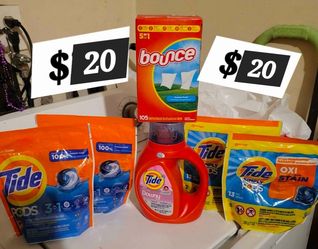 TIDE BUNDLE: 2 TIDE PODS BAGS (16 COUNT), TIDE DOWNY 21 LDS/30oz, Bounce Sheets (105 Count), & 2 TIDE SIMPLY BAGS (13 Count) For $20