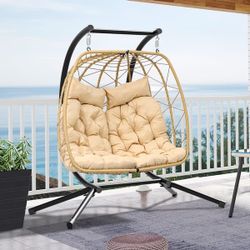 Patio Love Seats Chair with Stand Double Egg Chair, 2 Person Couple Wicker Rattan Chair