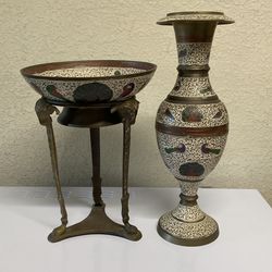 Vintage Persian Brass Vase & Matching Compote  Bowl.