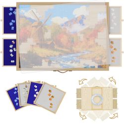 1500 Pcs Adjustable Jigsaw Puzzle Board with Drawers and Cover, 33.3"x24.3" Rotating Puzzle Table with Lazy Susan, Frame for Wall Art Display 200+ bou