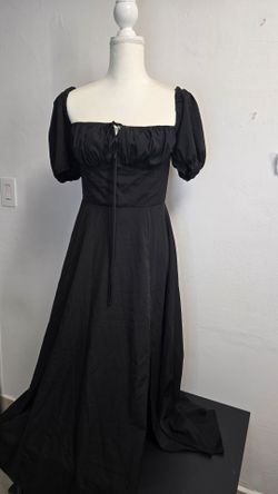 Black Maxi Dress Puff Sleeve Square Neck Side Slit Size S