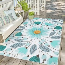 Uphome Outdoor Indoor Rug 8x10 ft / 6x9 ft Non-Slip Blue Floral RV Camping Rug, Breathable Quick Drying Foldable Patio Rug,