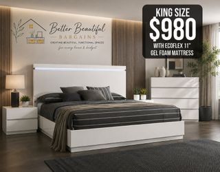 King Size Bed Frame with LED Headboard and Mattress